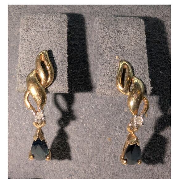 14K Flame Teardrop Sapphire Diamond Drop Pierced Earrings - Picture 1 of 5